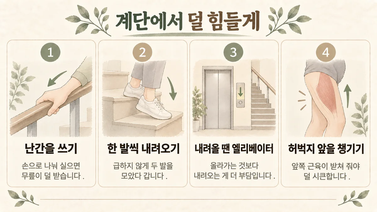 계양한의원 무릎통증 생활관리 - 난간 쓰기·한 발씩 내려오기·내려올 땐 엘리베이터·허벅지 앞 챙기기