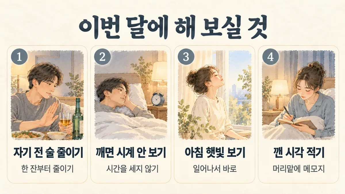 계양한의원 남성 불면 생활관리 - 자기 전 술 줄이기·깨면 시계 안 보기·아침 햇빛 보기·깬 시각 적기