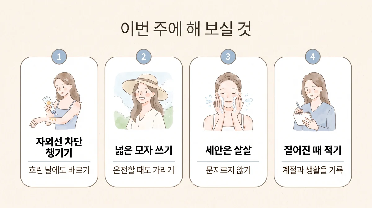 계양한의원 기미 생활관리 - 자외선 차단 챙기기·챙 넓은 모자 쓰기·세안은 살살·짙어진 때 적기