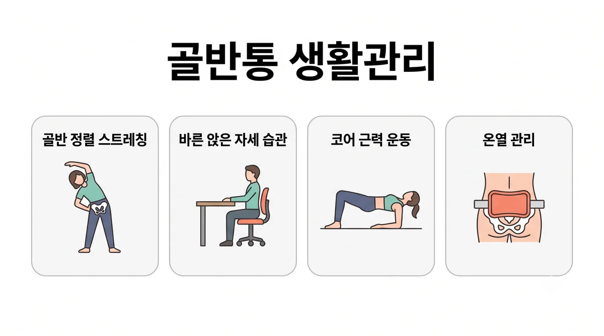 계양한의원 골반 틀어짐 생활관리 - 다리 꼬지 않기·짝다리 피하기·가방 번갈아 메기·엉덩이 가볍게 풀기