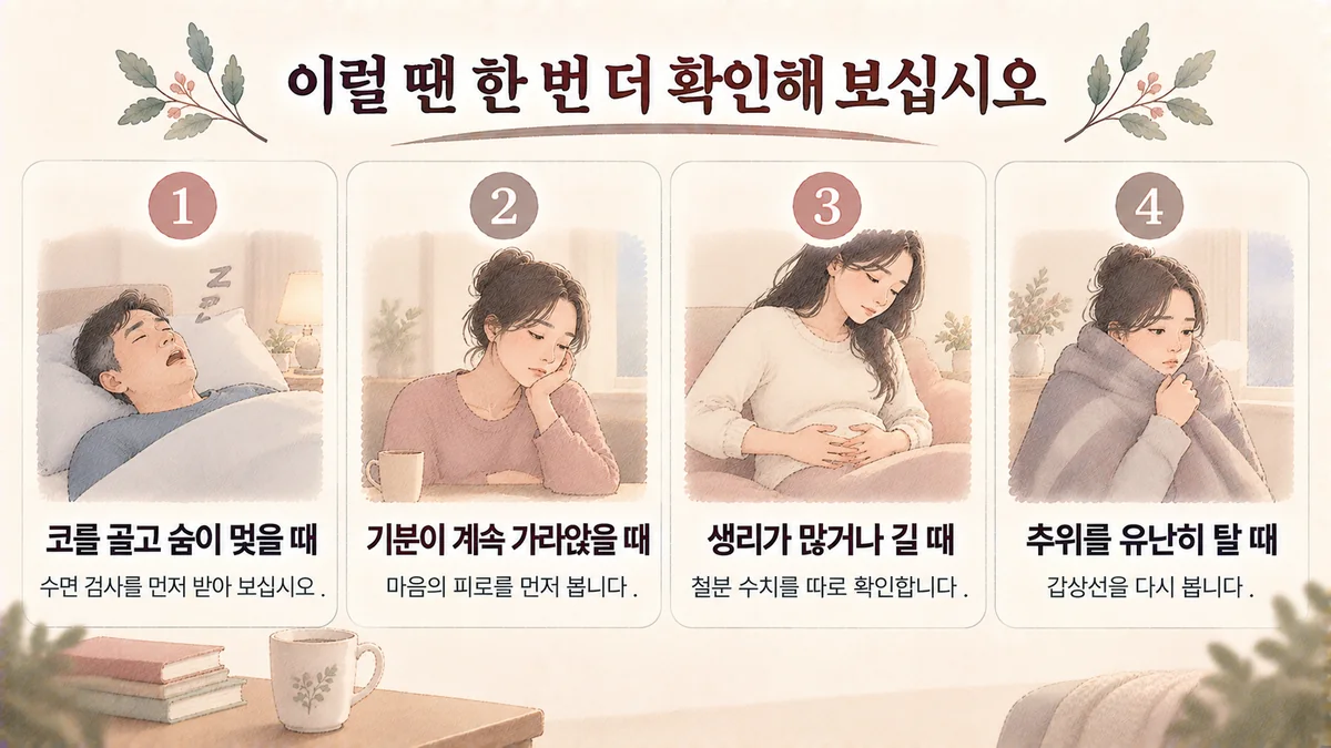 계양한의원 만성피로 자가진단 - 코를 골고 숨이 멎을 때·기분이 계속 가라앉을 때·생리가 많거나 길 때·추위를 유난히 탈 때