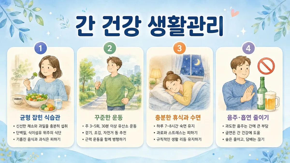 간 건강 생활관리 6가지 — 음주 간격·체중·야식·수면·약 점검·검진