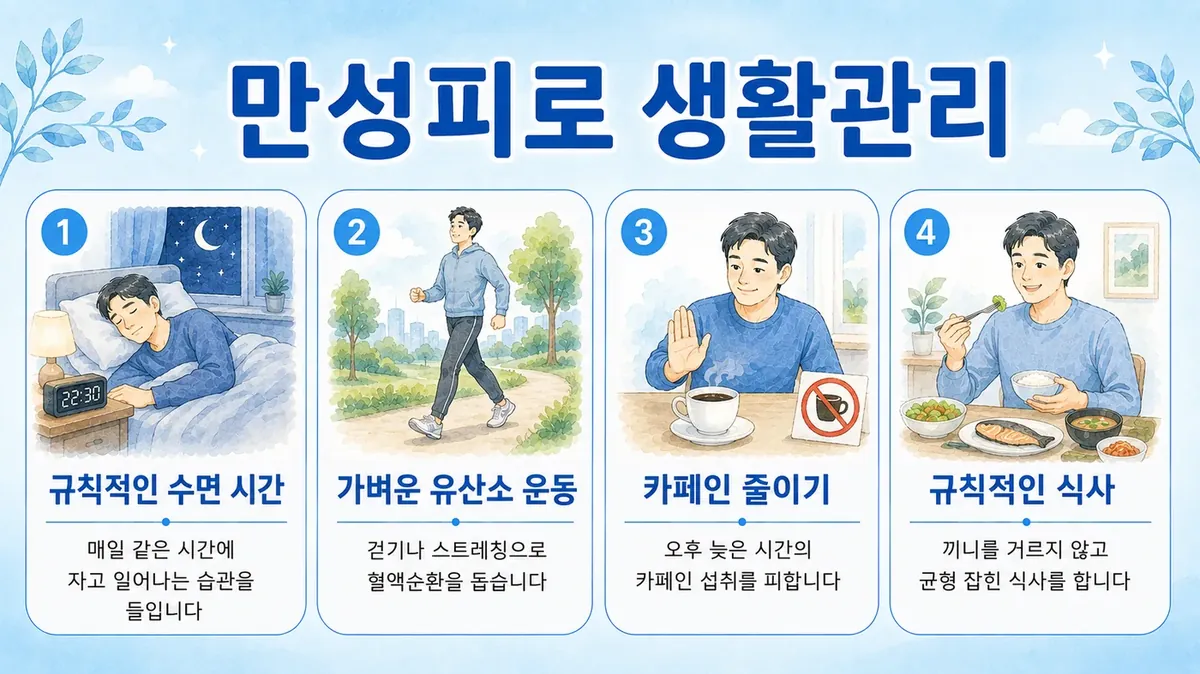 만성피로 생활관리 6가지 — 수면·아침식사·단백질·카페인·운동·업무량