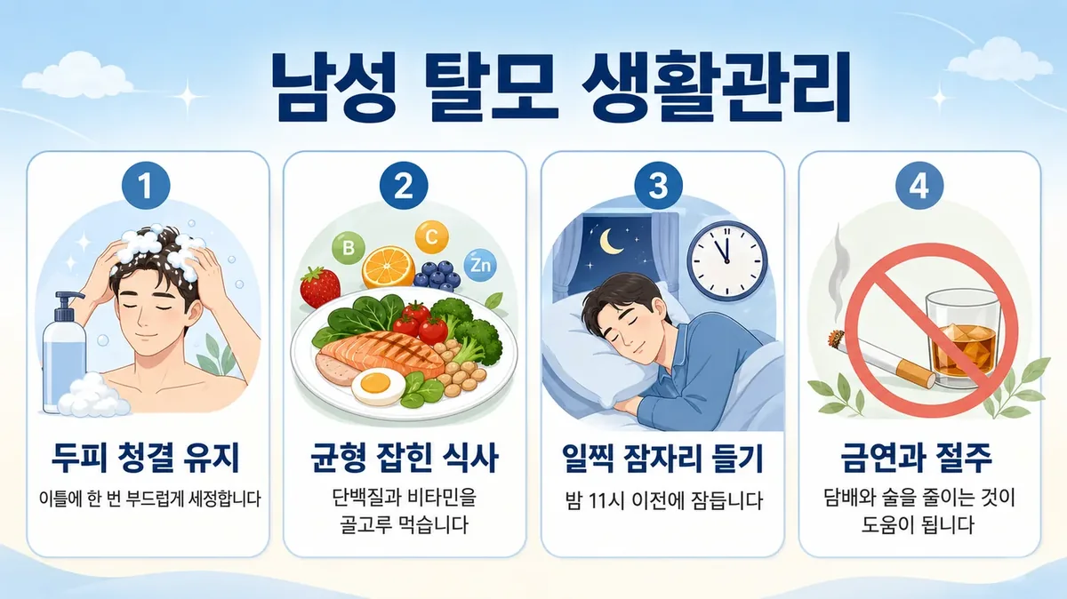 탈모 생활관리 6가지 — 수면·두피 청결·단백질·사진 기록·자극 줄이기·금연