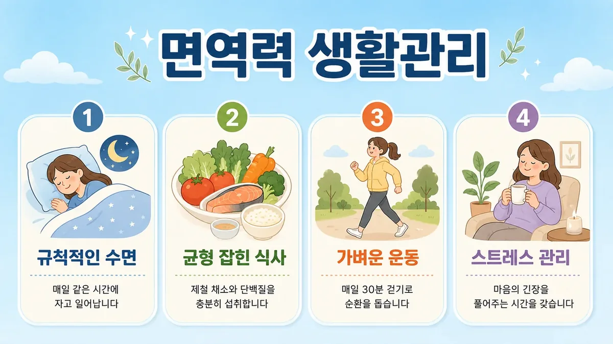 면역력 생활관리 6가지 — 수면·단백질·체온·절주·운동·손씻기