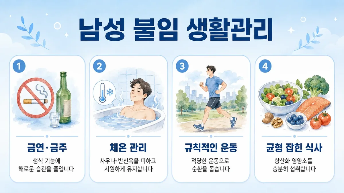 남성 불임 생활관리 6가지 — 온도·수면·절주·체중·운동·항산화