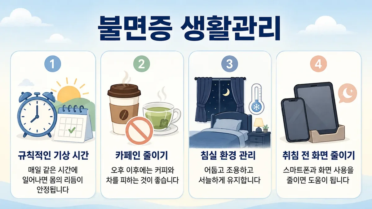 수면 생활관리 6가지 — 기상 시간·카페인·음주·화면·침대·햇빛