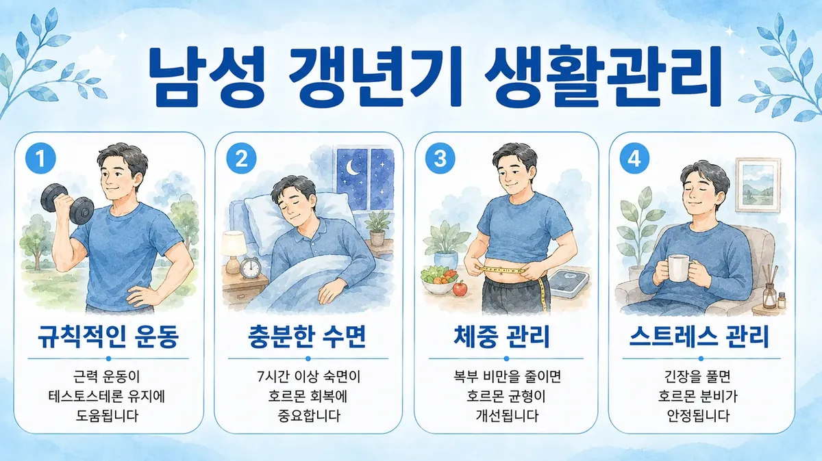 남성 갱년기 생활관리 6가지 — 근력운동·수면·단백질·절주·허리둘레·햇볕