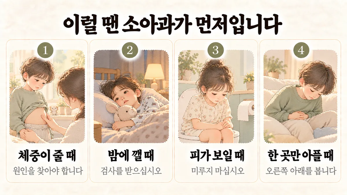 미추홀구한의원 아이 복통 자가진단 - 체중이 줄 때·밤에 깰 때·피가 보일 때·한 곳만 아플 때