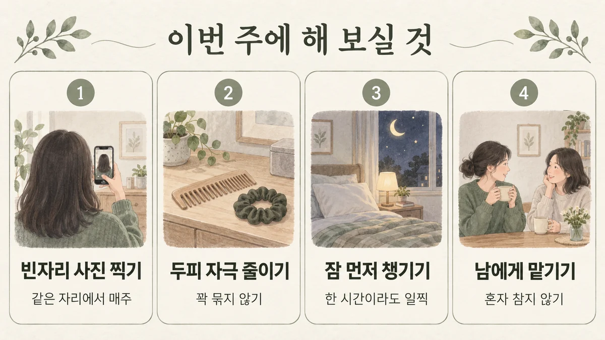 미추홀구한의원 원형탈모 생활관리 - 빈자리 사진 찍기·두피 자극 줄이기·잠 먼저 챙기기·남에게 맡기기