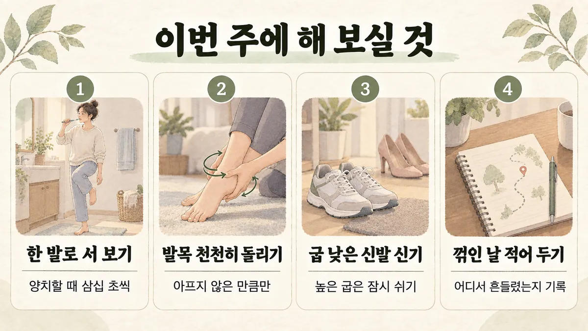 미추홀구한의원 발목 염좌 생활관리 - 한 발로 서 보기·발목 천천히 돌리기·굽 낮은 신발 신기·꺾인 날 적어 두기