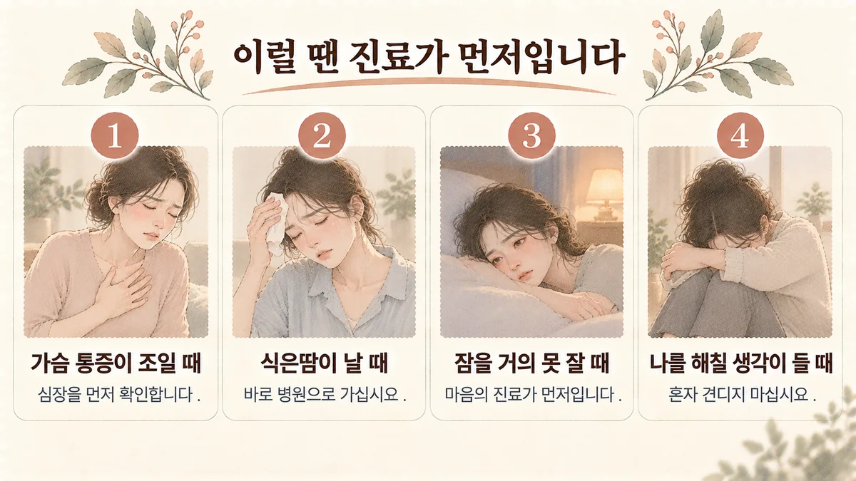 미추홀구한의원 화병 자가진단 - 가슴 통증이 조일 때·식은땀이 날 때·잠을 거의 못 잘 때·나를 해칠 생각이 들 때
