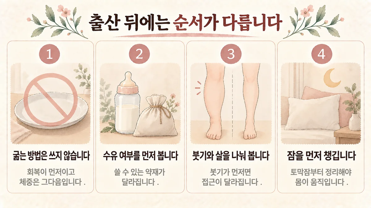 미추홀구 다이어트한의원 생활관리 - 굶지 않기·수유 여부 먼저·붓기와 살 나누기·잠 먼저 챙기기