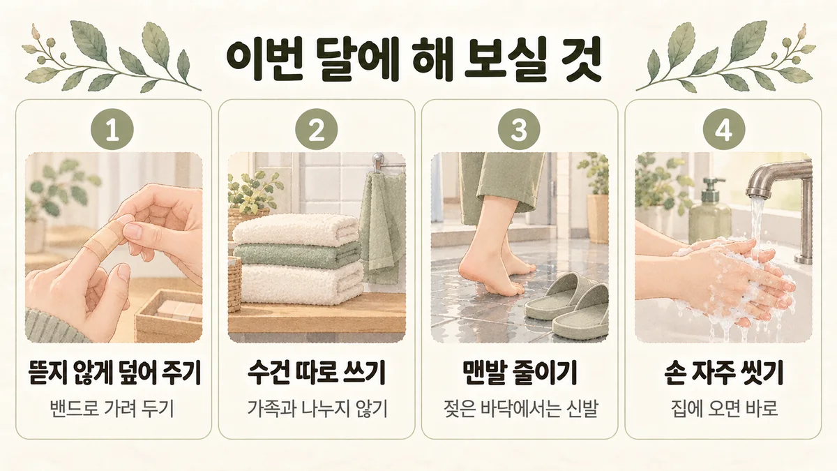 미추홀구한의원 사마귀 생활관리 - 뜯지 않게 덮어 주기·수건 따로 쓰기·맨발 줄이기·손 자주 씻기