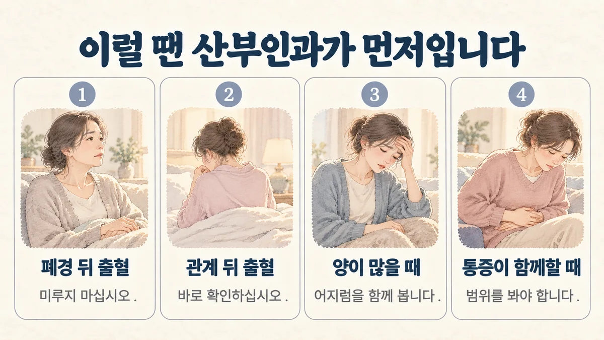 구월동한의원 부정출혈 자가진단 - 폐경 뒤 출혈·관계 뒤 출혈·양이 많을 때·통증이 함께할 때