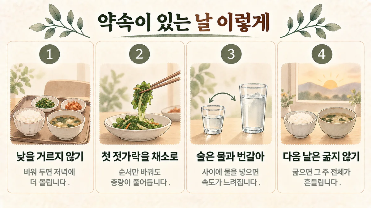구월동 다이어트한의원 생활관리 - 낮 거르지 않기·첫 젓가락 채소·술과 물 번갈아·다음 날 굶지 않기