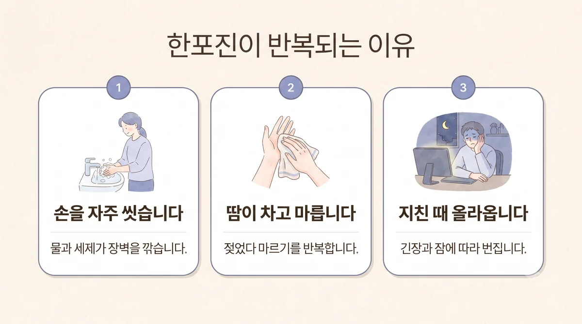 구월동한의원 한포진 원인 - 손을 자주 씻습니다·땀이 차고 마릅니다·지친 때 올라옵니다