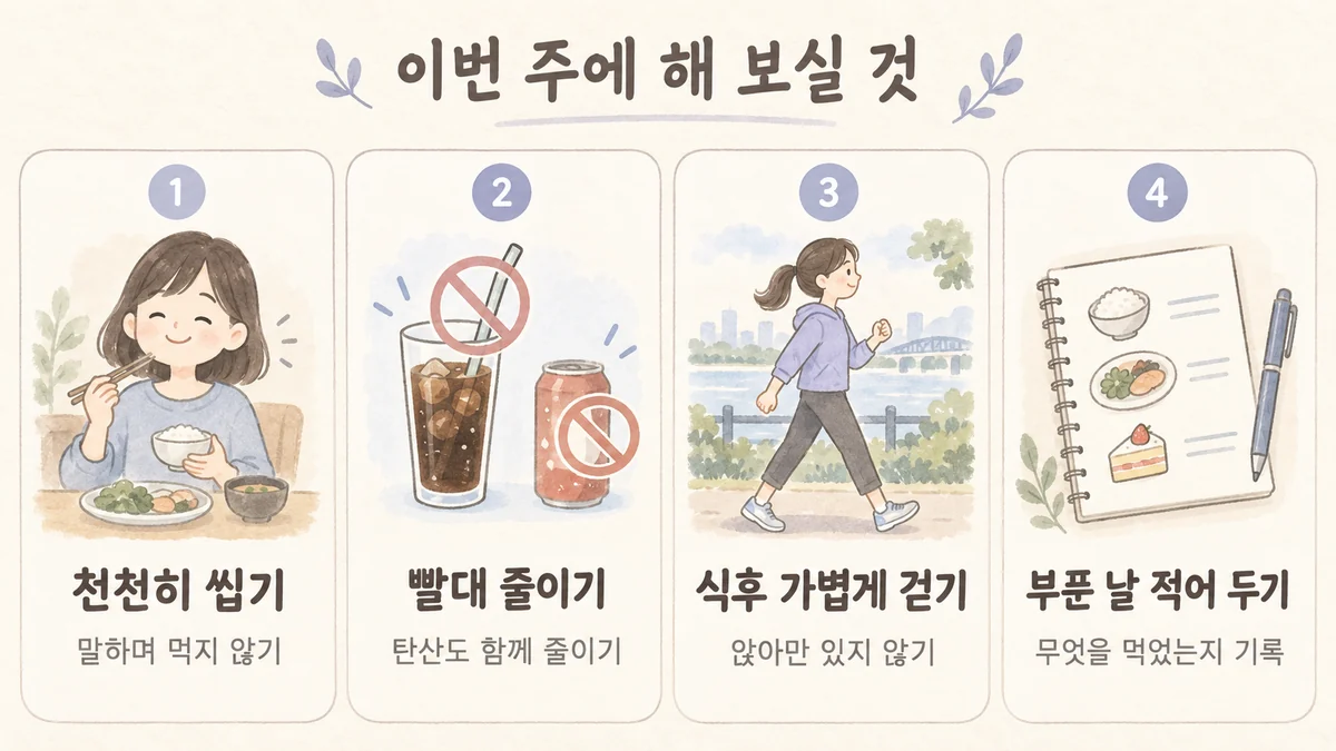 구월동한의원 복부 가스 생활관리 - 천천히 씹기·빨대 줄이기·식후 가볍게 걷기·부푼 날 적어 두기