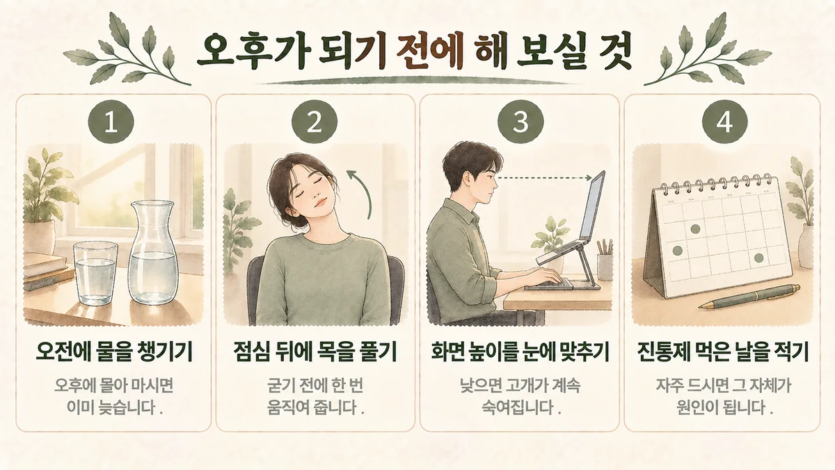 구월동한의원 두통 생활관리 - 오전에 물·점심 뒤 목 풀기·화면 눈높이·약 먹은 날 기록