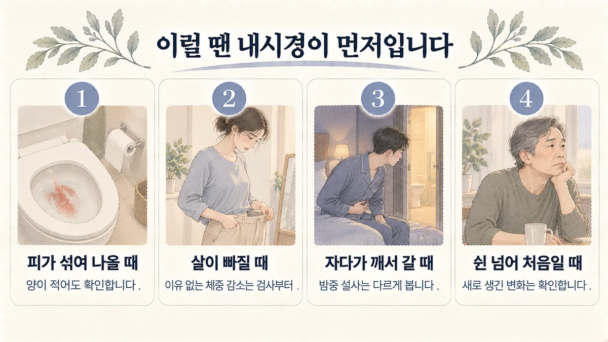 구월동 과민성대장한의원 자가진단 - 피가 섞여 나올 때·살이 빠질 때·자다가 깨서 갈 때·쉰 넘어 처음일 때