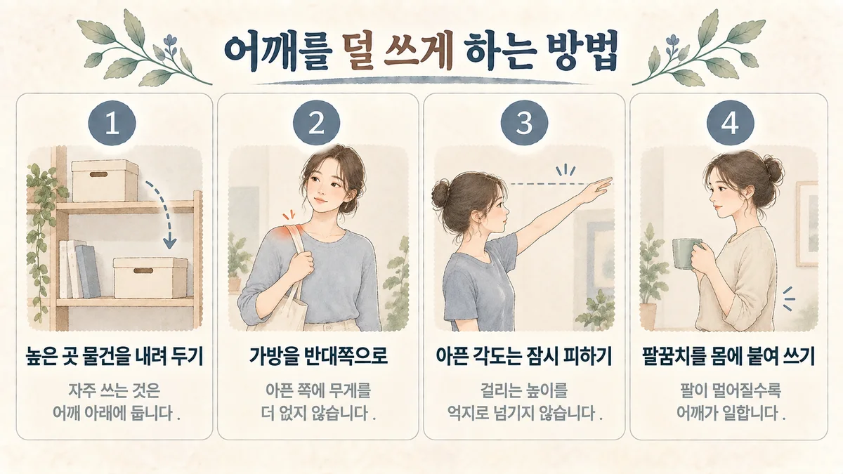 구월동한의원 어깨통증 생활관리 - 높은 물건 내리기·가방 반대쪽·아픈 각도 피하기·팔꿈치 붙이기