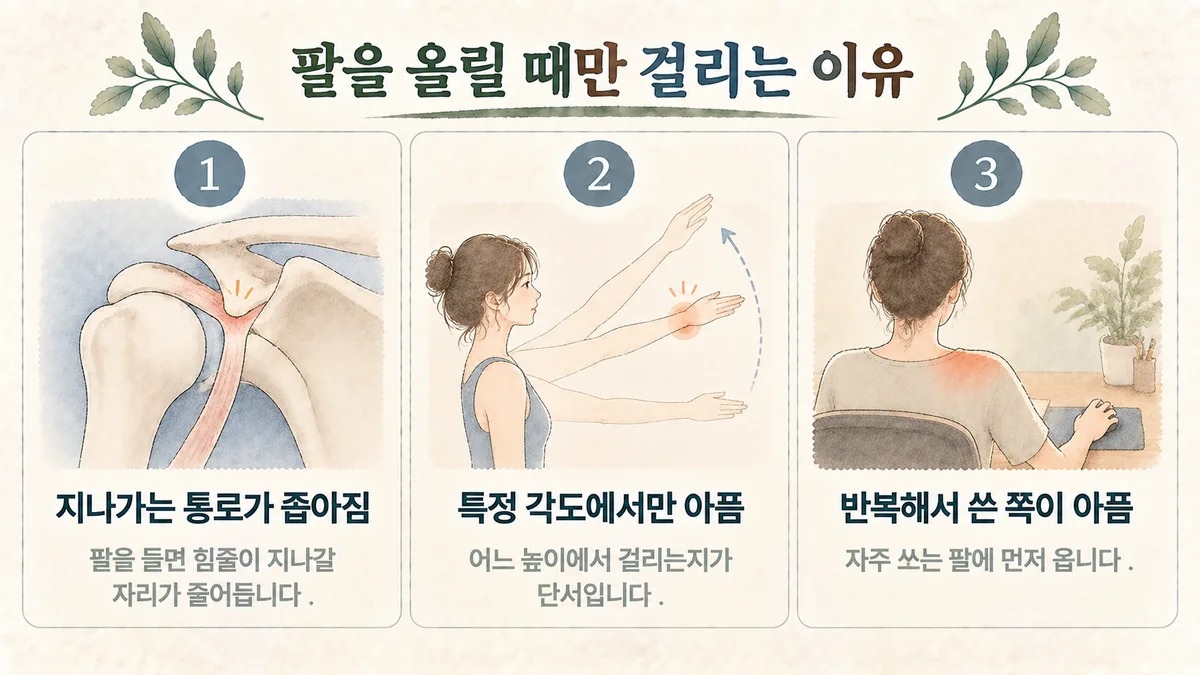 구월동한의원 어깨통증 원인 - 좁아지는 통로·특정 각도·자주 쓰는 쪽