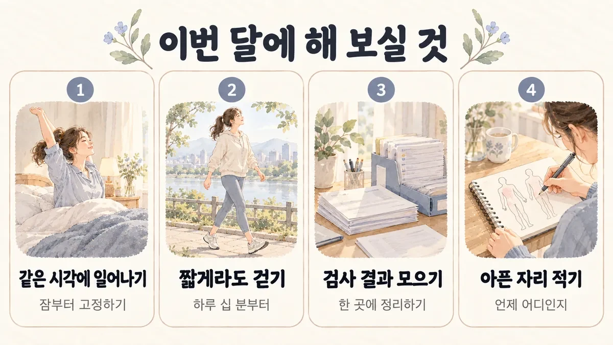 구월동한의원 신체화 생활관리 - 같은 시각에 일어나기·짧게라도 걷기·검사 결과 모으기·아픈 자리 적기
