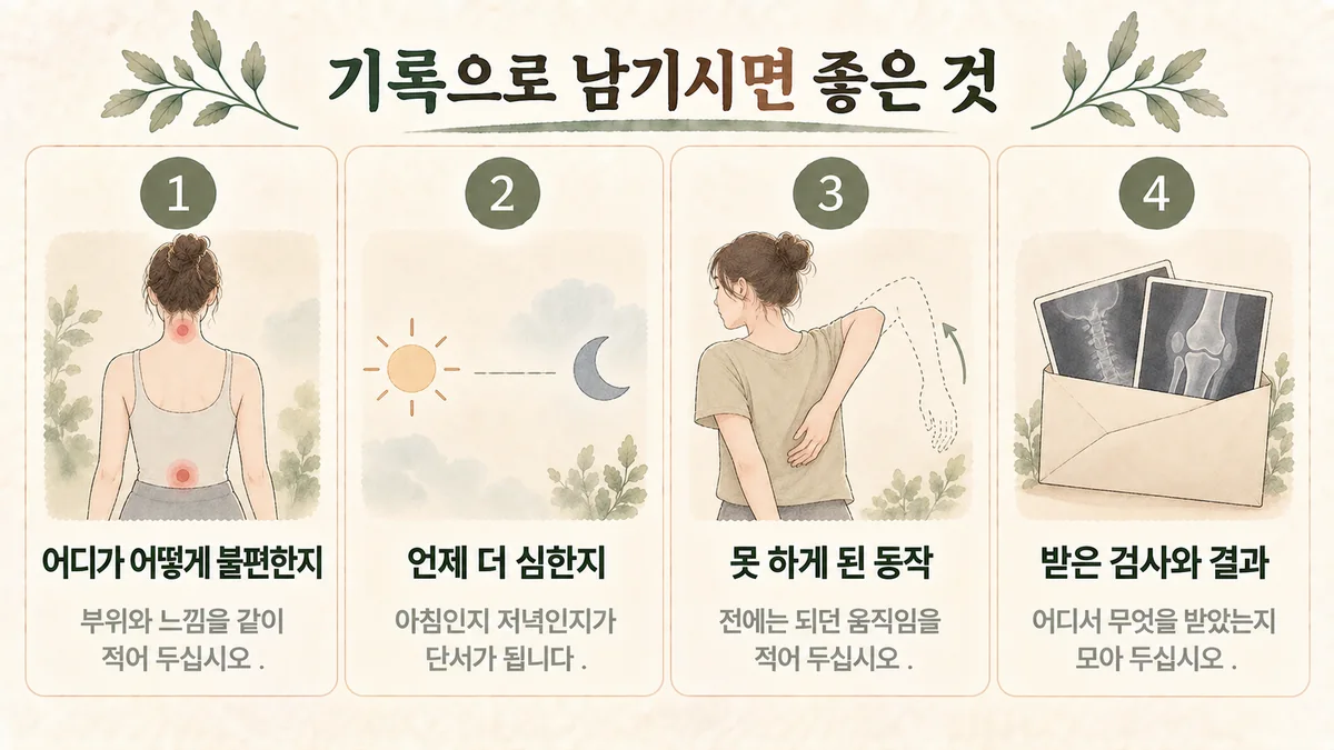구월동 교통사고한의원 생활관리 - 부위와 느낌·심한 시간·못 하는 동작·받은 검사