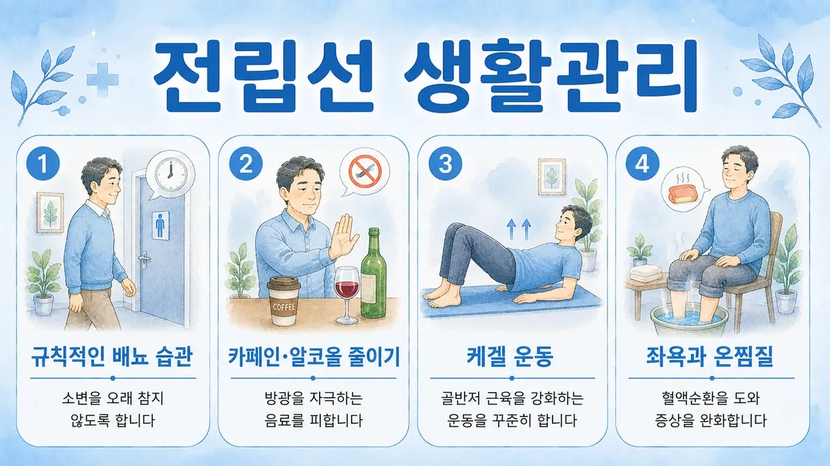 전립선 생활관리 6가지 — 저녁수분·절주·좌욕·앉는시간·하체운동·배뇨일지