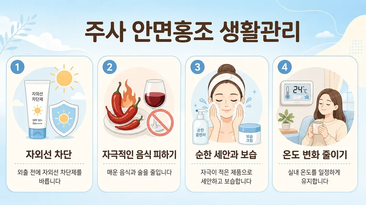 주사 생활관리 6가지 — 온도·차단제·절주·매운 음식·순한 세안·기록