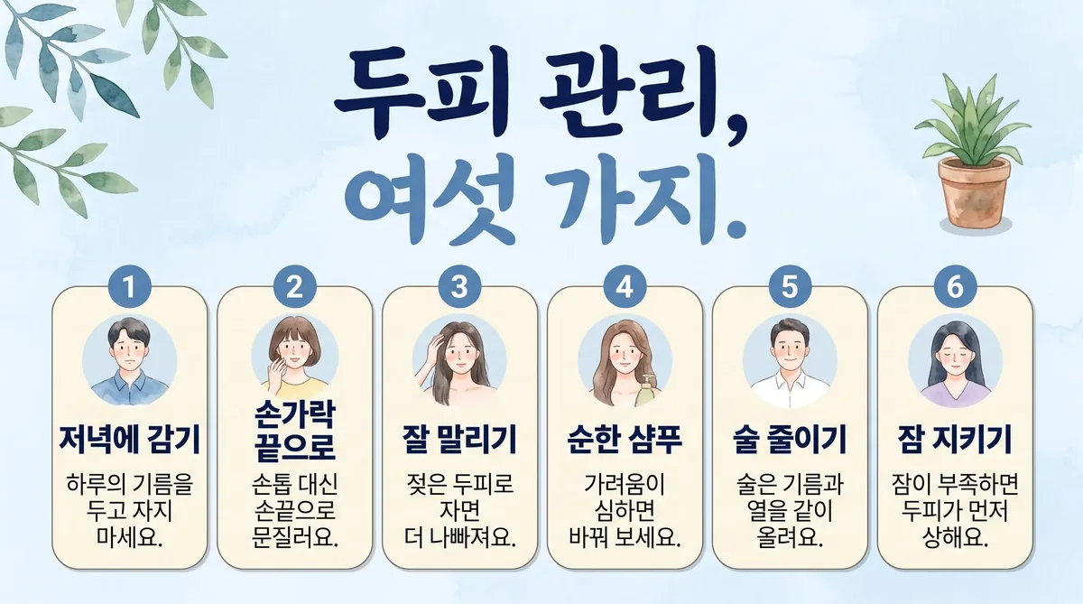 두피 관리 6가지 — 저녁 세발·손가락 끝·잘 말리기·항진균 샴푸·절주·수면