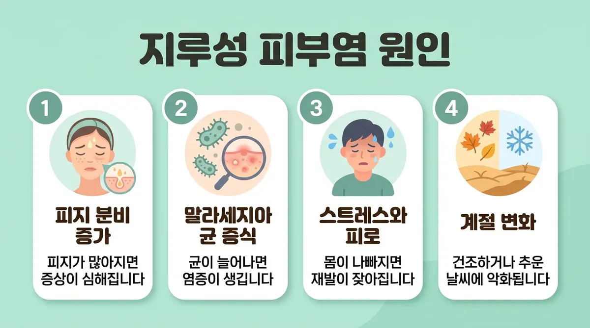 지루성 피부염이 반복되는 과정 — 피지·효모·습열·과로