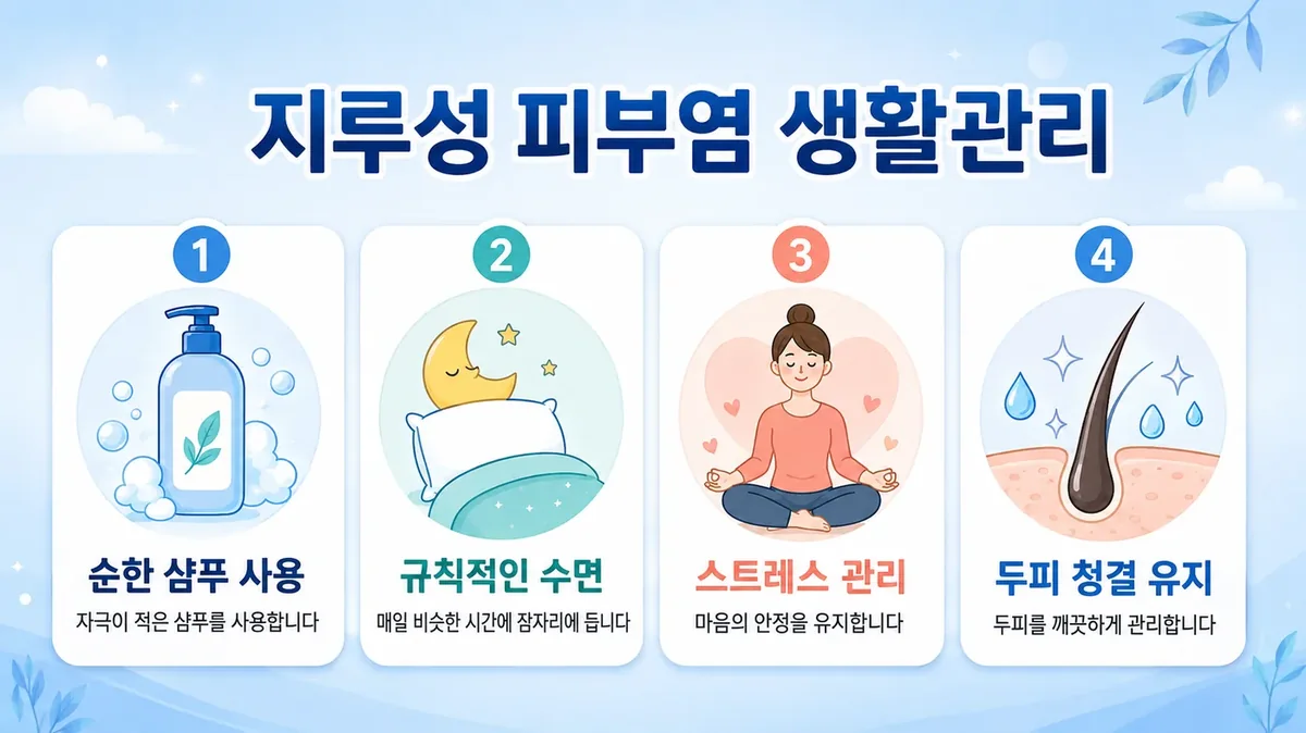 지루성 피부염 생활관리 6가지 — 저녁 세발·항진균 샴푸·물 온도·절주·수면·긁지 않기