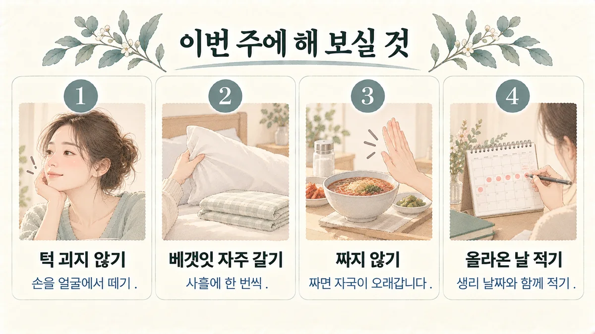 시흥한의원 여드름 생활관리 - 턱 괴지 않기·베갯잇 자주 갈기·짜지 않기·올라온 날 적기