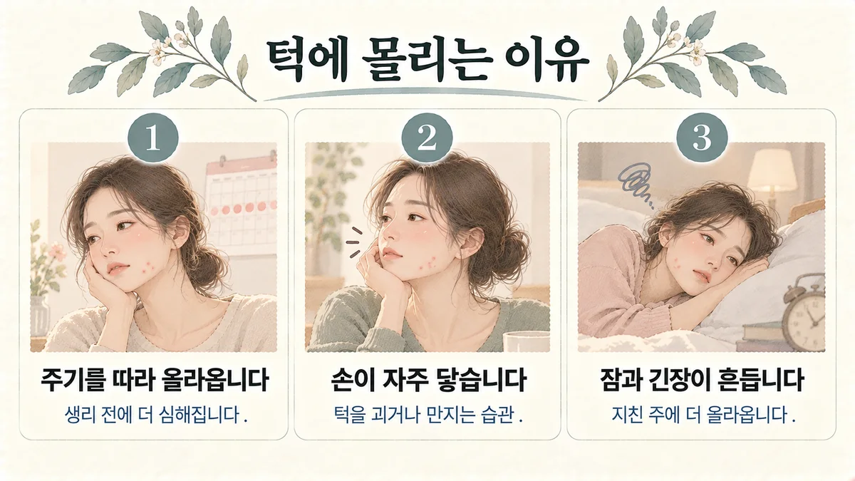 시흥한의원 여드름 원인 - 주기를 따라 올라옵니다·손이 자주 닿습니다·잠과 긴장이 흔듭니다