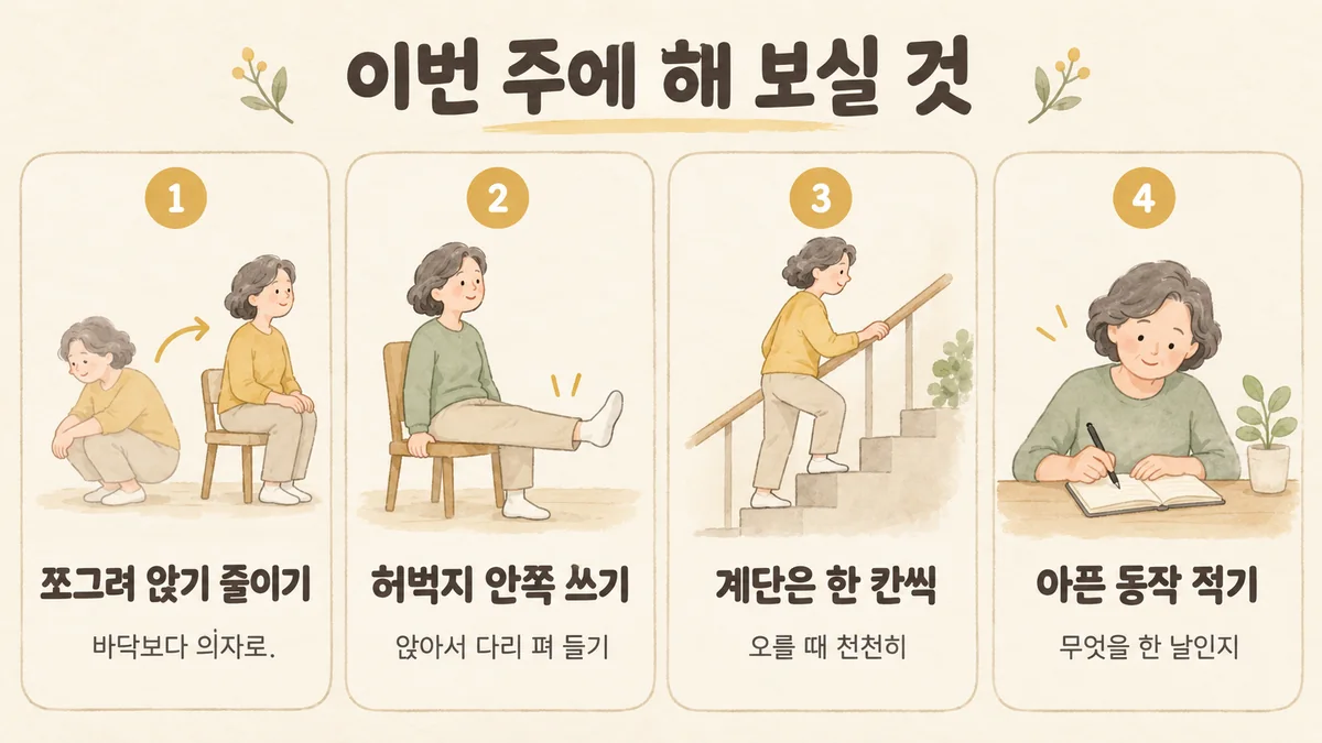 시흥한의원 슬개연골연화증 생활관리 - 쪼그려 앉기 줄이기·허벅지 안쪽 쓰기·계단은 한 칸씩·아픈 동작 적기