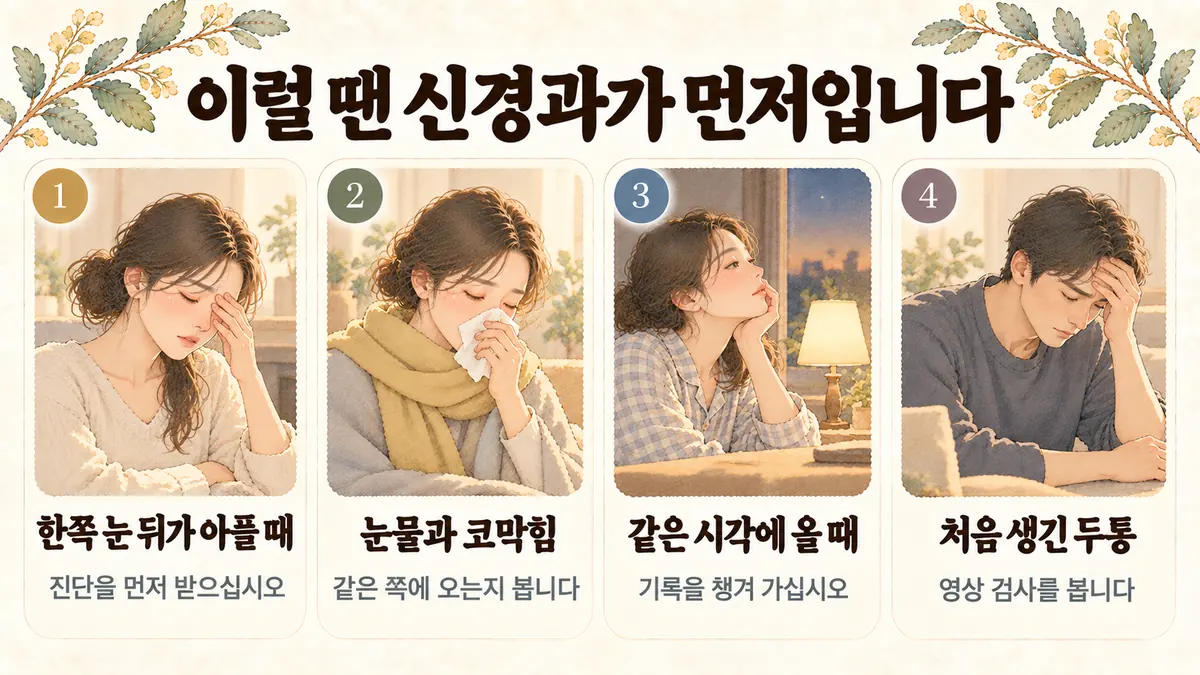 시흥한의원 군발두통 자가진단 - 한쪽 눈 뒤가 아플 때·눈물과 코막힘·같은 시각에 올 때·처음 생긴 두통