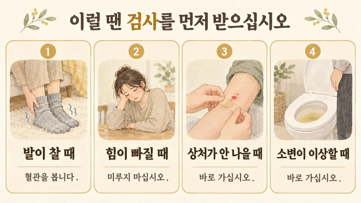 시흥한의원 다리저림 자가진단 - 발이 찰 때·힘이 빠질 때·상처가 안 나을 때·소변이 이상할 때