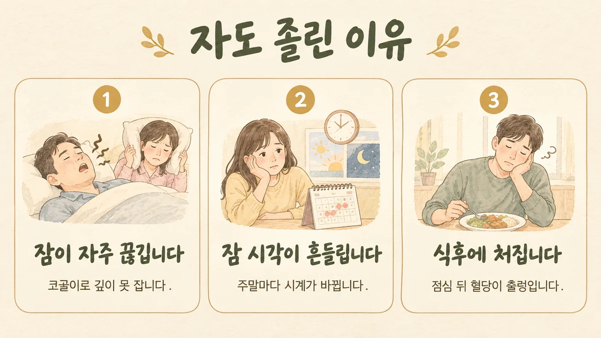 시흥한의원 낮 졸림 원인 - 잠이 자주 끊깁니다·잠 시각이 흔들립니다·식후에 처집니다