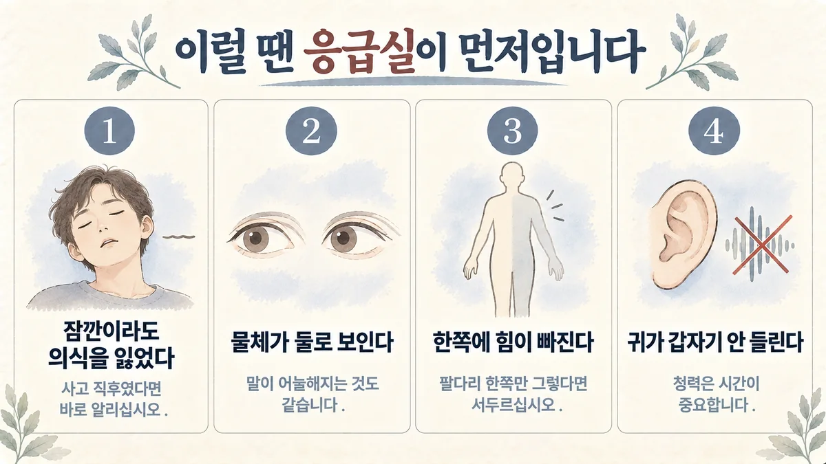 시흥 교통사고한의원 자가진단 - 의식을 잃음·물체가 둘로 보임·한쪽에 힘이 빠짐·귀가 안 들림