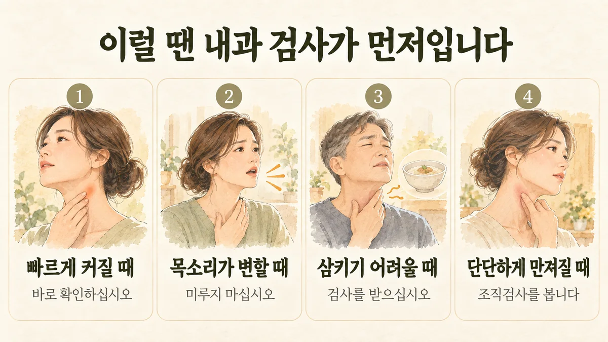 시흥한의원 갑상선결절 자가진단 - 빠르게 커질 때·목소리가 변할 때·삼키기 어려울 때·단단하게 만져질 때