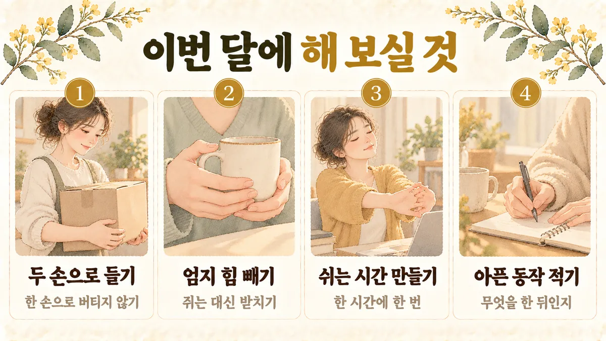 시흥한의원 손목 통증 생활관리 - 두 손으로 들기·엄지 힘 빼기·쉬는 시간 만들기·아픈 동작 적기