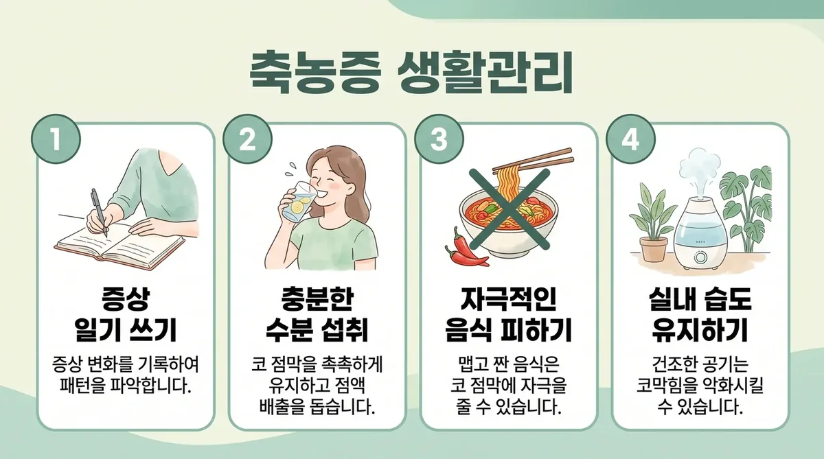 축농증 생활관리 6가지 — 코세척·습도·수분·코풀기·온찜질·수면