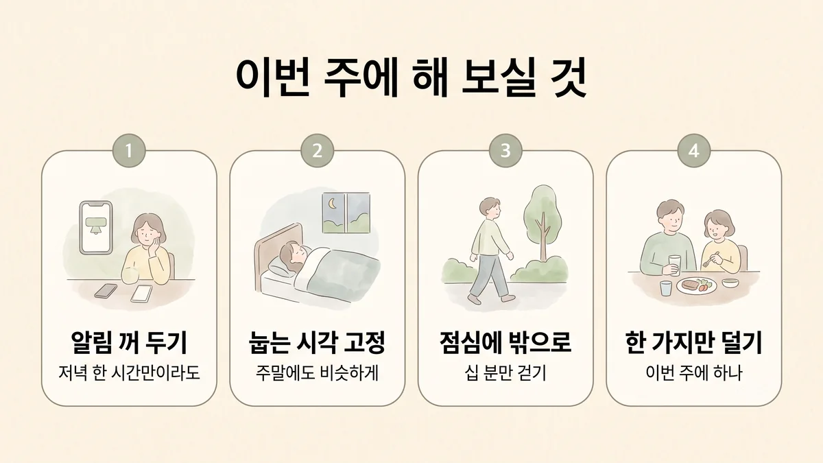 송도한의원 번아웃 생활관리 - 알림 꺼 두기·눕는 시각 고정·점심에 밖으로·한 가지만 덜기