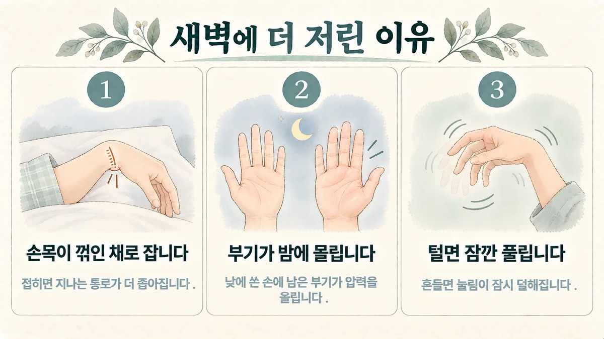송도한의원 손목터널증후군 원인 - 꺾인 손목·밤에 몰리는 부기·털면 잠깐 풀림