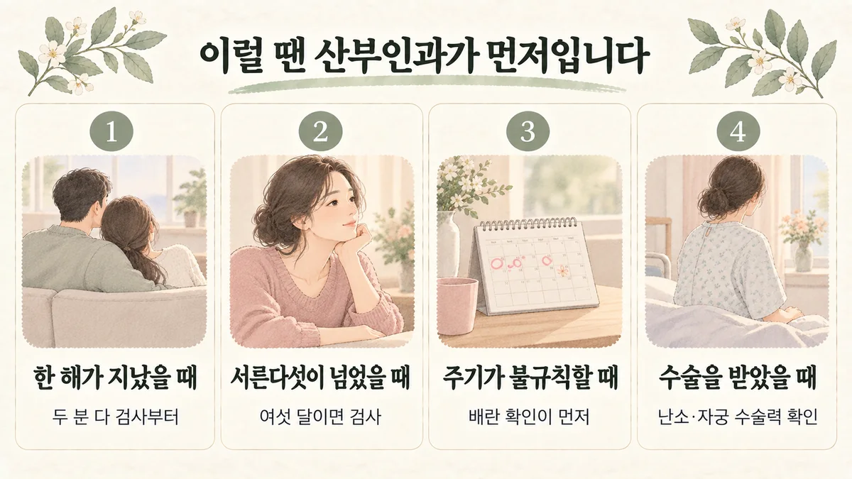 송도한의원 난임 자가진단 - 한 해가 지났을 때·서른다섯이 넘었을 때·주기가 불규칙할 때·수술을 받았을 때