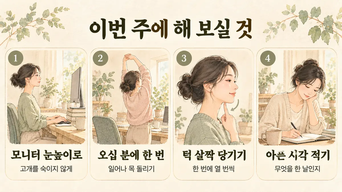 송도한의원 거북목 두통 생활관리 - 모니터 눈높이로·오십 분에 한 번·턱 살짝 당기기·아픈 시각 적기