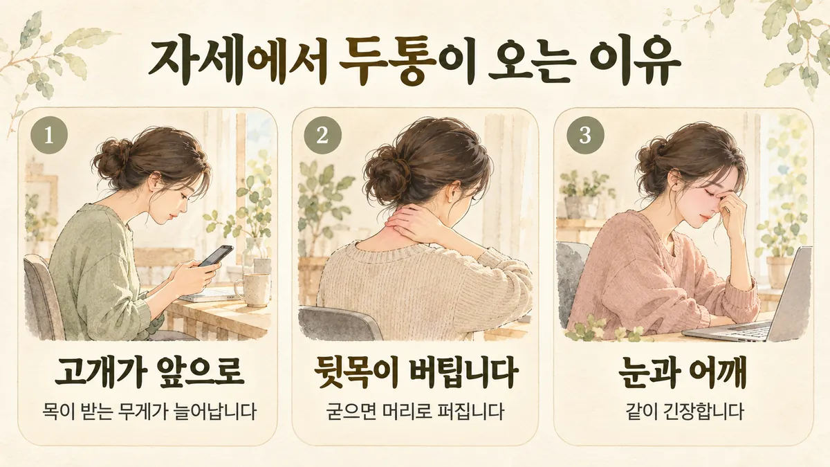 송도한의원 거북목 두통 원인 - 고개가 앞으로·뒷목이 버팁니다·눈과 어깨