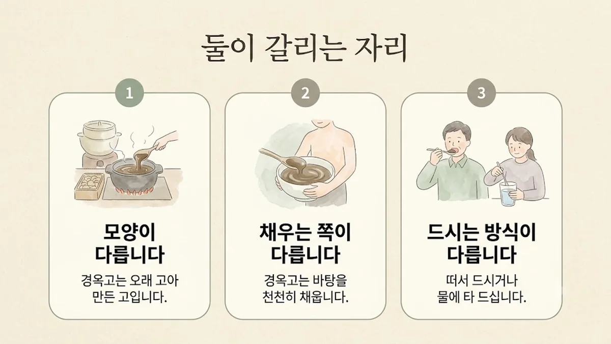 송도한의원 경옥고 보는 기준 - 모양이 다릅니다·채우는 쪽이 다릅니다·드시는 방식이 다릅니다