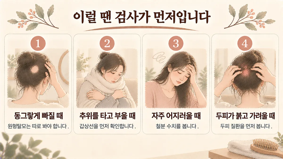 송도한의원 탈모 자가진단 - 동그랗게 빠질 때·추위를 타고 부을 때·자주 어지러울 때·두피가 붉고 가려울 때